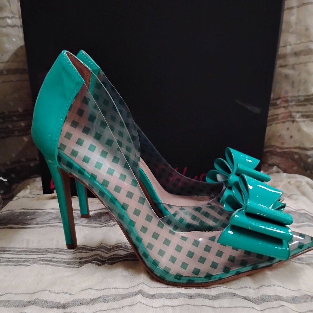 Betsey Johnson Prince Turquoise Vinyl High Heels Sz. 5 OR 5.5